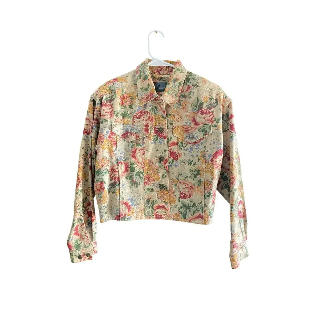 Vintage Lizwear Floral Denim Button-Up Cropped Jacket Size Small Petite